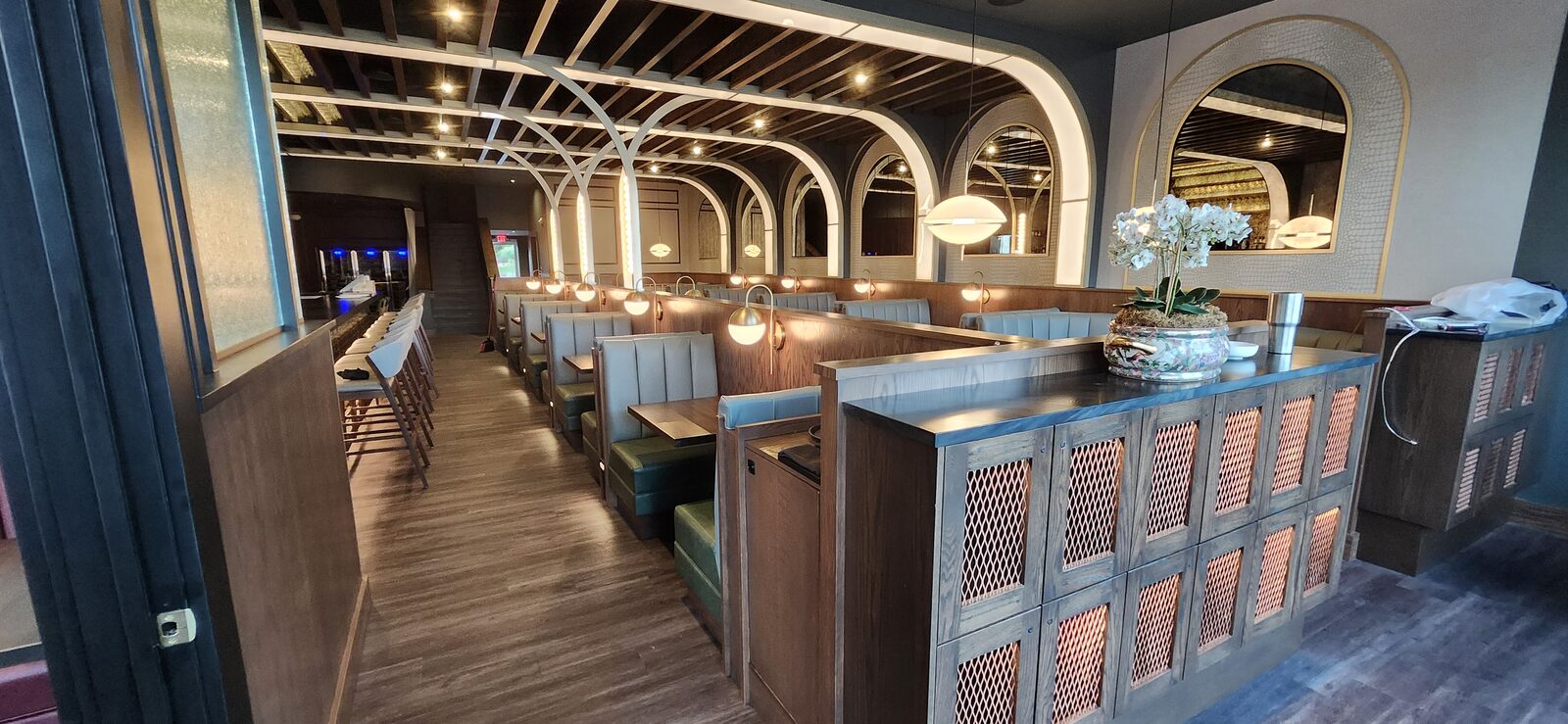 Full dining room millwork installation by Woodland Wood Products — Pittsburgh restaurant